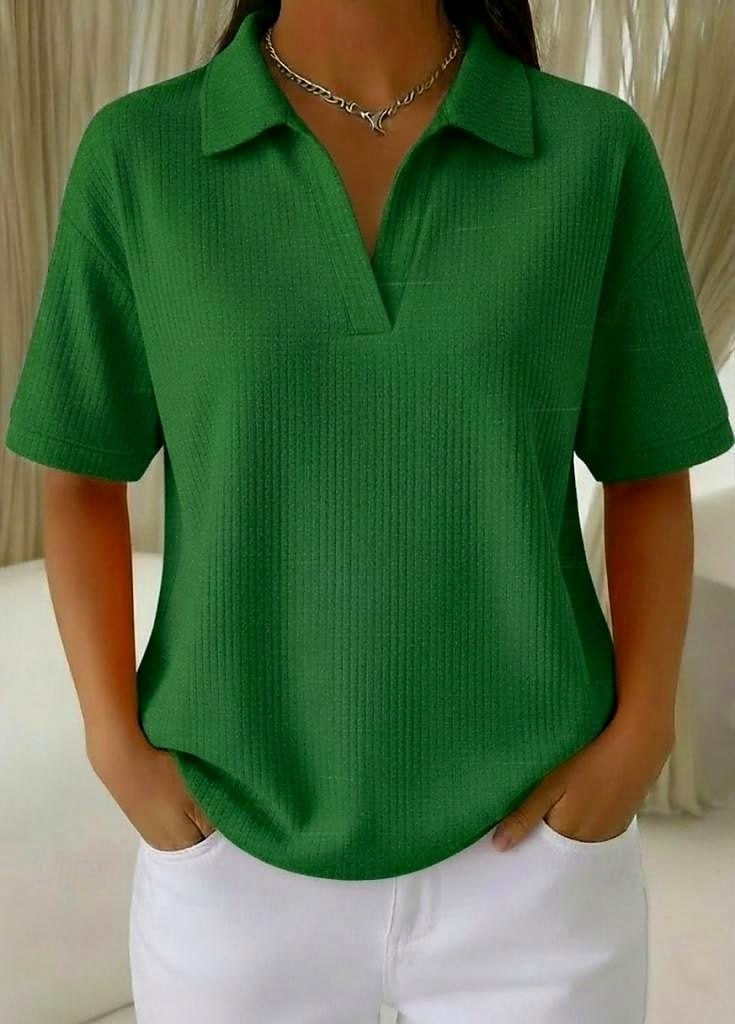 Női 100% pamut oversized bordázott kötött felsők póló Tee ejtett vállú stílusos alkalmi rövid ujjú V nyakú inggallér normál felsők napi szórakozás nyaralás viselet kék fehér narancs zöld világoskék 2026 - $26.99 –P3