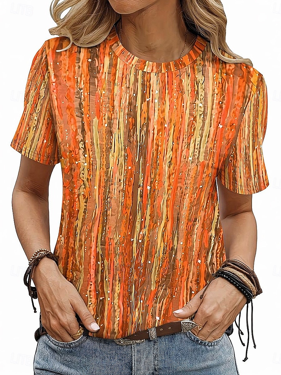 Dames T-shirt Afdrukken Grafisch Geometrisch Gestreept Vintage Stijlvol Klassiek Korte mouw Strakke ronde hals Croptops Casual Dagelijks blauw Paarsblauw Blozend Roze Oranje Zomer Lente 2026 - $21.99 –P8