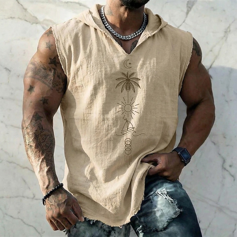 Herrenweste mit geometrischem, maritimem Palmen-, Sonnen- und Segelbootmuster im Boho-Stil, ärmellos, mit Kapuze, aus Baumwoll-Leinen-Mischgewebe, ausgefranstem Saum, lockerer Passform, ideal für 2026 - $19.99 –P1