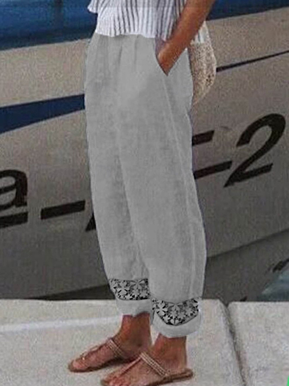 Dámské kalhoty ze 100% bavlny, letní kalhoty, volnočasové, denní, celopropínací, přírodní, jednobarevné, se stahovací šňůrkou, boční kapsy, výstřih, prodyšné, pohodlné, neelastické, na víkend, bílá, modrá, světle šedá, šedá 2026 - $12.49 –P5