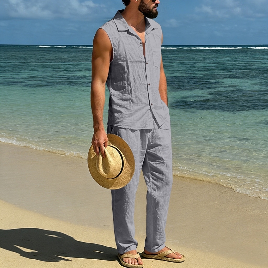 Male Linen Shirt 2 Piece Shirt Set And Linen Pants Trousers Casual Pants Set Plain Daily Outdoor Vacation Turndown Sleeveless Summer Fashion Casual Comfortable Clothing Apparel 2026 - $36.99 –P11