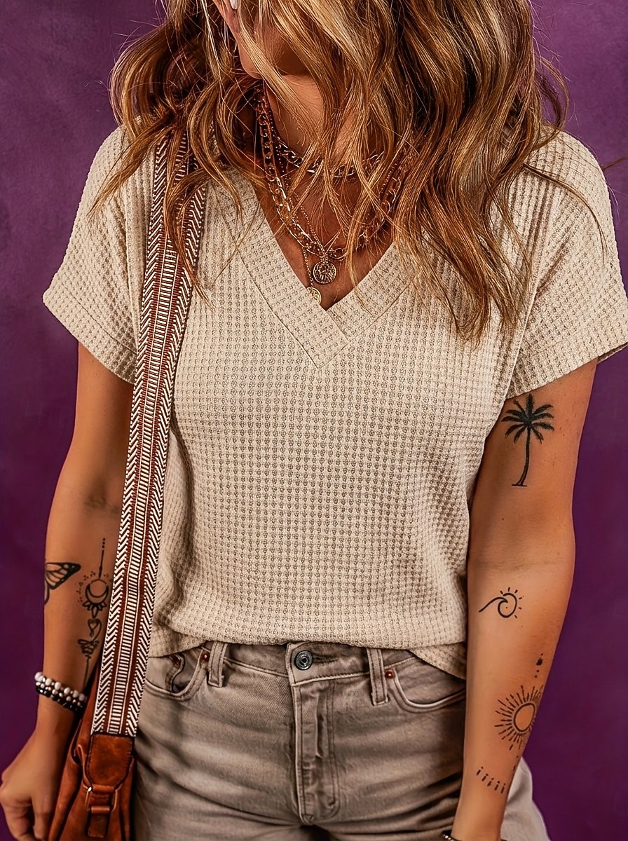 Women's Waffle T-shirt Tee Top Solid Color Elegant Fashion Stylish Short Sleeve Batwing Sleeve V Neck Regular Tops Casual Going out Black White Pink Green Apricot Summer Spring 2026 - $21.99 –P4
