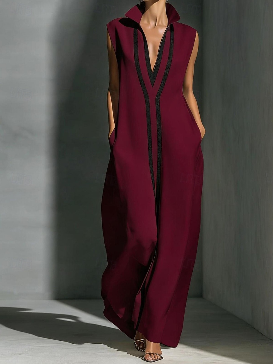 Жен. Длинное платье Длинное платье Элегантный стиль Современное на открытом воздухе Отпуск На выход Свободное облегание Контрастных цветов Без рукавов Рубашечный воротник Черный Белый Винный Серый 2026 - $41.99 –P5