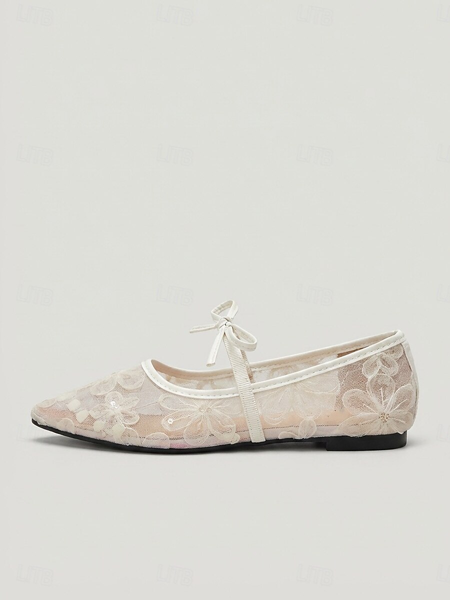 Women's White Lace Floral Mary Jane Flats - Elegant Mesh Embroidery ...