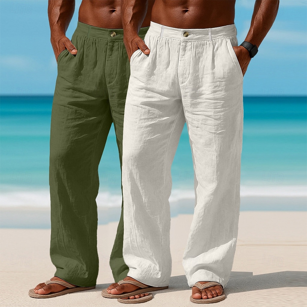 Homme Pantalons en Lin Pantalons Pantalon d'été Pantalons Amples Pantalons de Plage Avec Poches Uni Confort Respirant Longueur complète Occasionnel Quotidien Extérieur Vacances Mode Blanc + kaki de 2026 ? $41.99 –P10