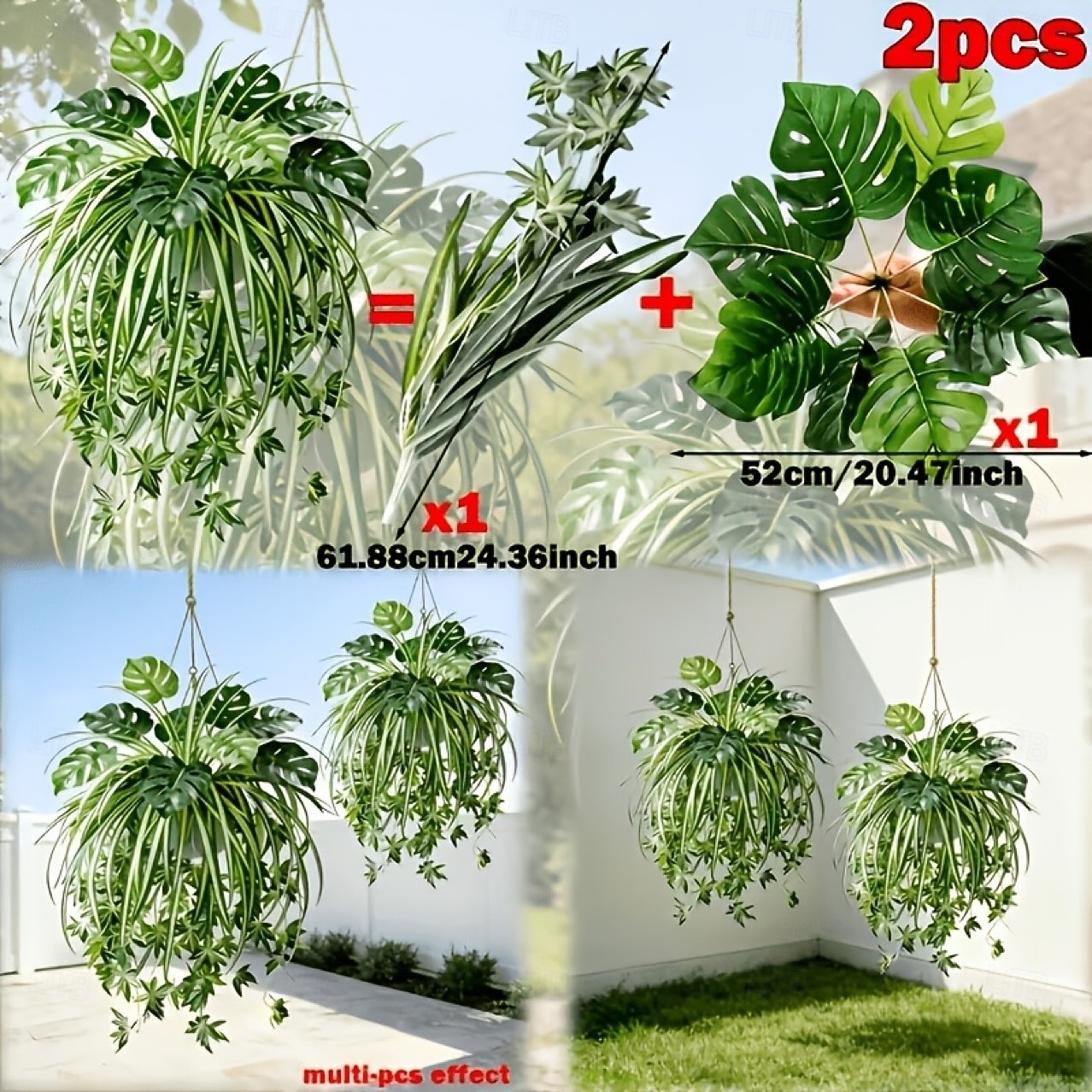Sada 2 ks = pavoučí rostlina + monstera, umělé závěsné rostliny v severském stylu, UV odolná venkovní zeleň pro domov, obývací pokoj, dekoraci na balkon, vhodné na Valentýna, Velikonoce atd. 2026 - $16.99 –P7