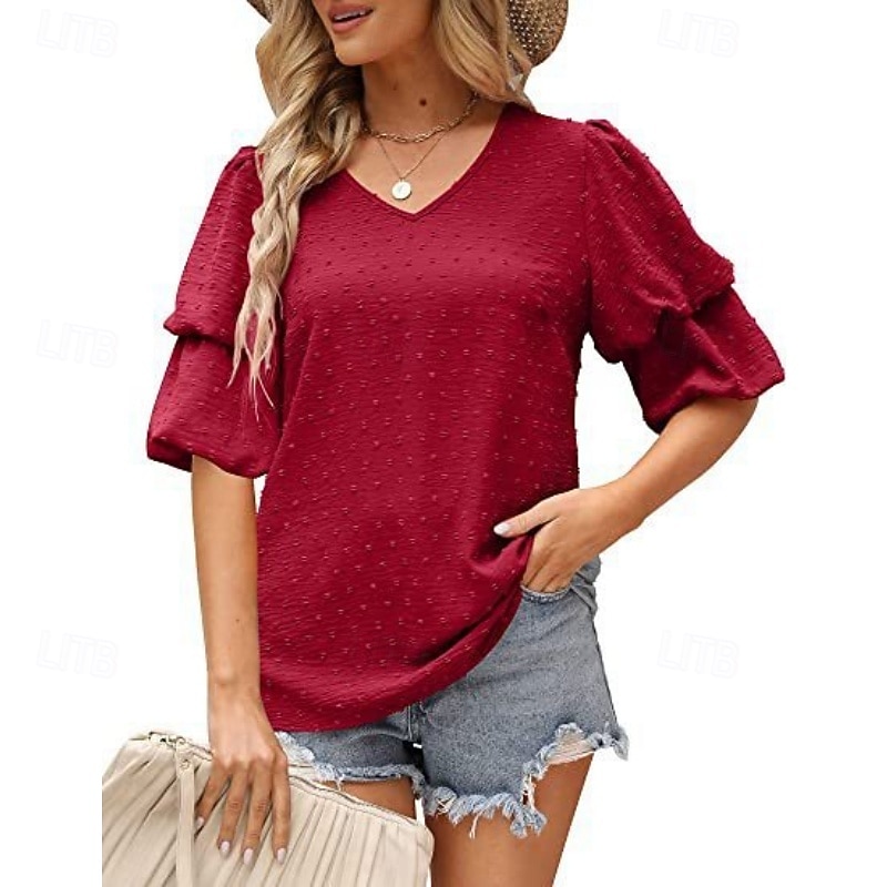Mulheres Camisa Social Blusa Tops de chiffon Tecido à moda Básico Clássico Manga Curta Manga Princesa Decote V Tops regulares Casual Diário Feriado Azul Preto Branco Vinho Verde Escuro Verão Primavera de 2026 por $18.49 –P19