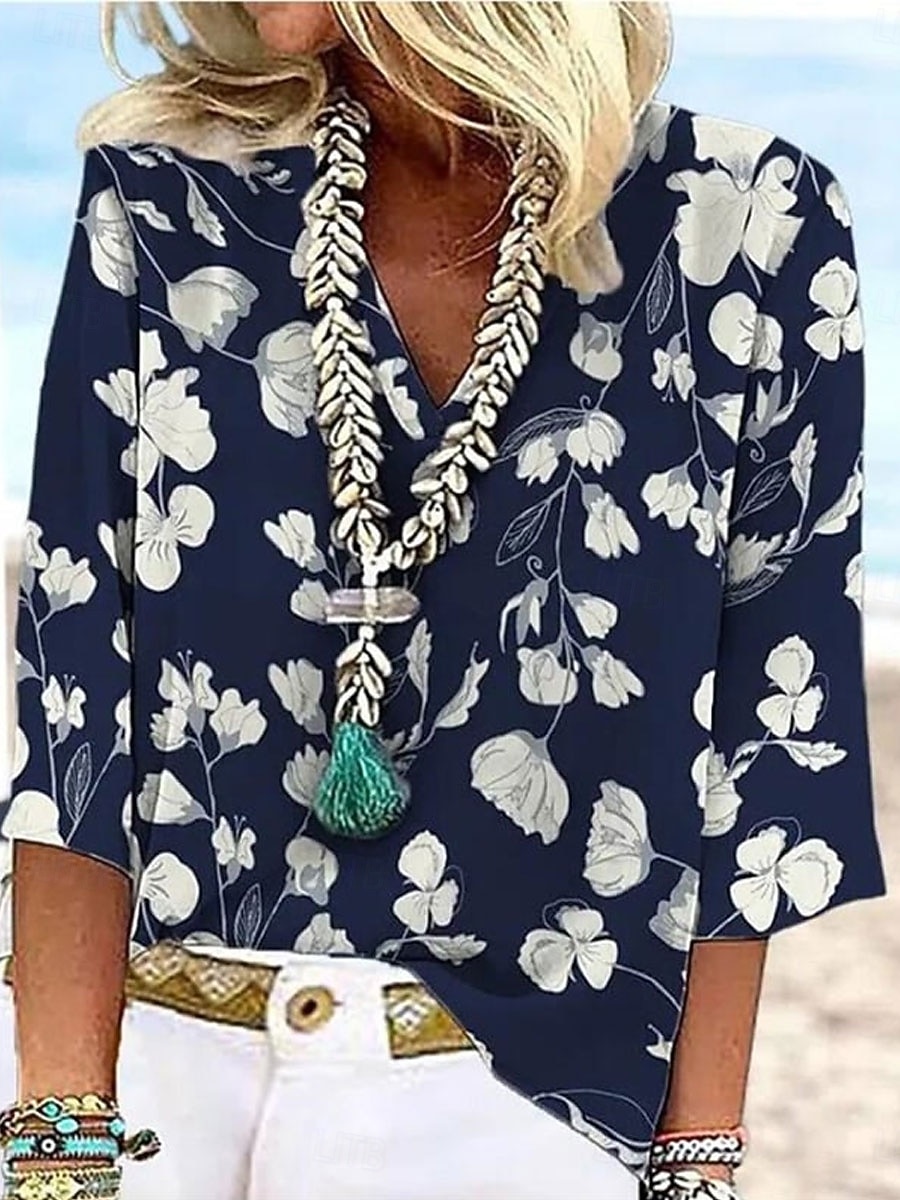 Dame Bluse Trykt mønster Blomstret Grafisk Elegant Stilfull Fritid 3/4 ermer V-hals Vanlige topper Avslappet Daglig Ut på byen Blå Hvit Gul Grønn Sommer Vår Høst 2026 - $27.99 –P3