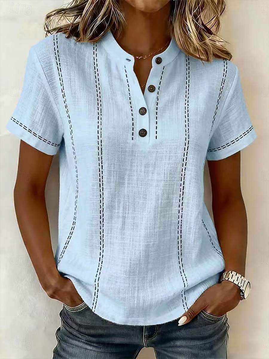 Dámské Tričko Tričko Henley Tričko Top Knoflíky Proužky Módní Krátký rukáv Henley Běžné topy Ležérní Plážové léto Bílá Světlá růžová Nebeská modř Léto Jaro 2026 - $27.99 –P6