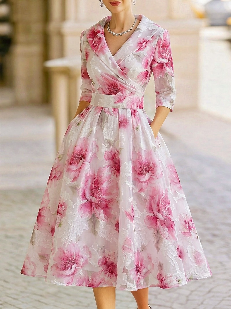 A-Line Tea Length Party Dress Cocktail Dress Wedding Guest Dress Mother of the Bride Dress 3/4 Length Sleeve V Neck Shirt Collar Elegant Vintage Formal Organza Jacquard with Floral Print 2026 - $174.99 –P6