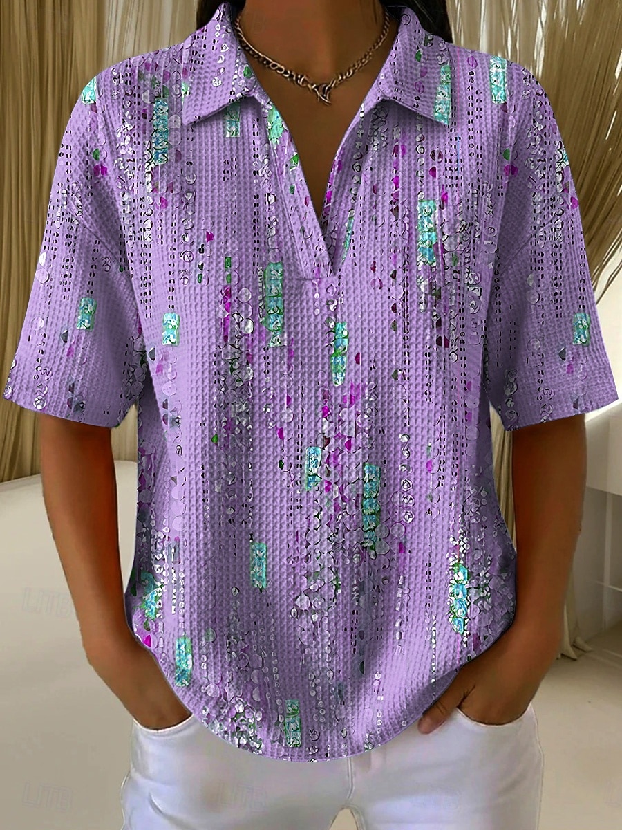 Women's Waffle Summer Tops Print Graphic Geometric Abstract Elegant Vintage Stylish Sleeveless Short Sleeve Shirt Collar Long Tops Casual Daily Blue Pink Purple Green Summer Spring 2026 - $22.99 –P5