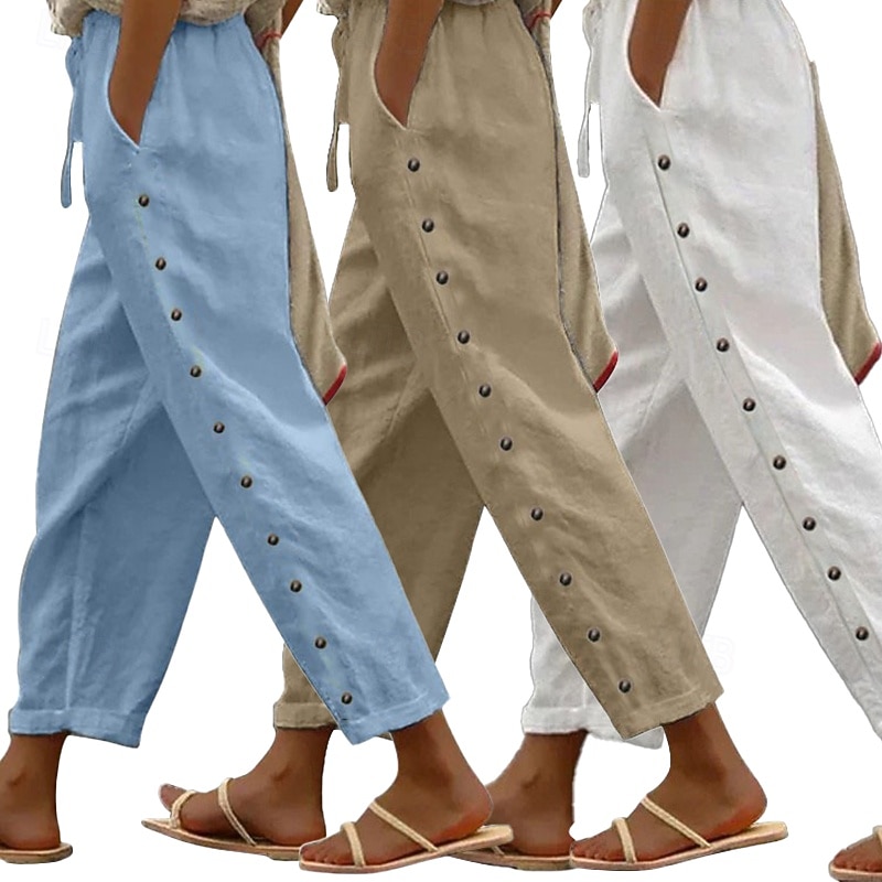 3er-Pack Damenhosen, Sommerhosen, Freizeithosen, Urlaubshosen, Basic-Hosen, knöchellang, natürliches, schlichtes Design, Seitentaschen, seitliche Knöpfe, bequem, atmungsaktiv, nicht elastisch, ideal für Wochenendausflüge 2026 - $65.99 –P11
