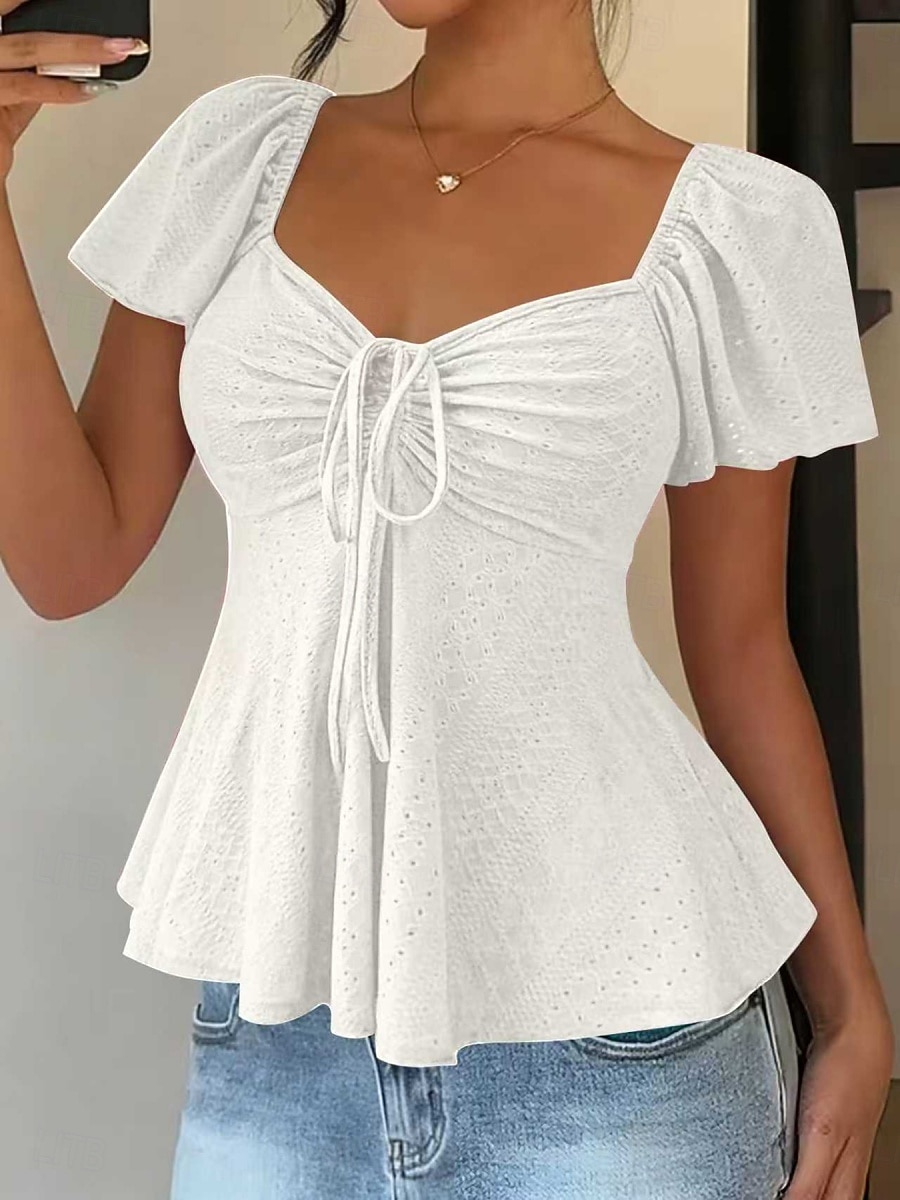 Femmes Chemisier Cordon de serrage Œillet Couleur Unie Élégant Sexy Occasionnel Manche Courte Col carré Hauts Réguliers Quotidien Noir Blanche Jaune Rose Claire Bleu Ciel Été Printemps de 2026 ? $19.99 –P1