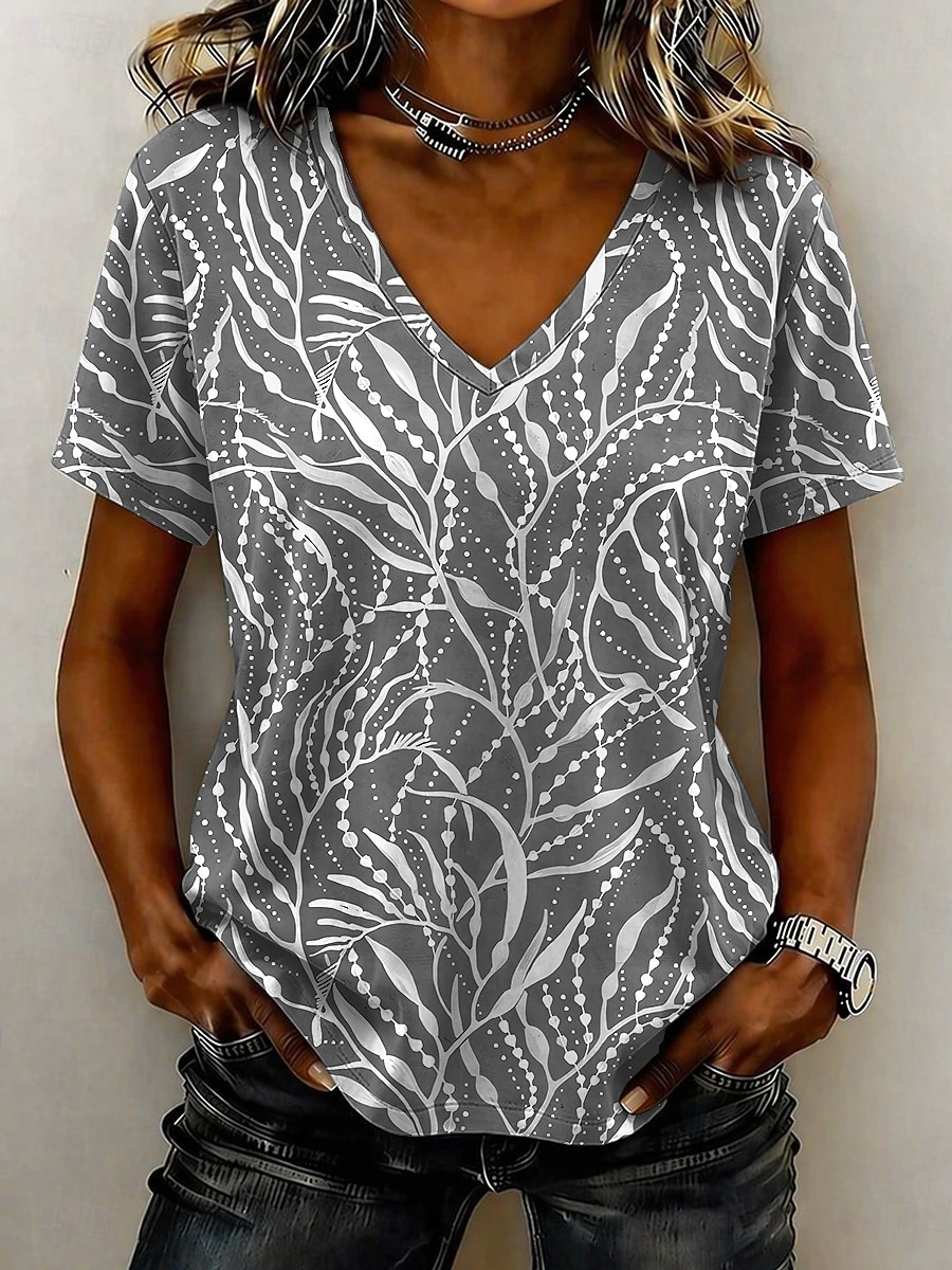 Mujer Camiseta Estampado Graphic Plantas Abstracto Elegante Clásico Casual Manga Corta Escote en Pico Tops regulares Casual Diario Rojo Morado Verde Trébol Gris Verano Primavera 2026 - $8.49 –P4