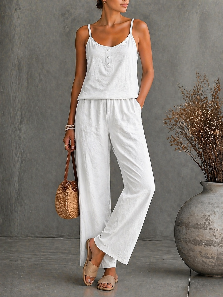 Women's 100%cotton Tank Top Pants Sets Button Front Sleeveless Fashion Daily Date Going out Blue White Gray Summer Loose Fit 2026 - $39.99 –P3