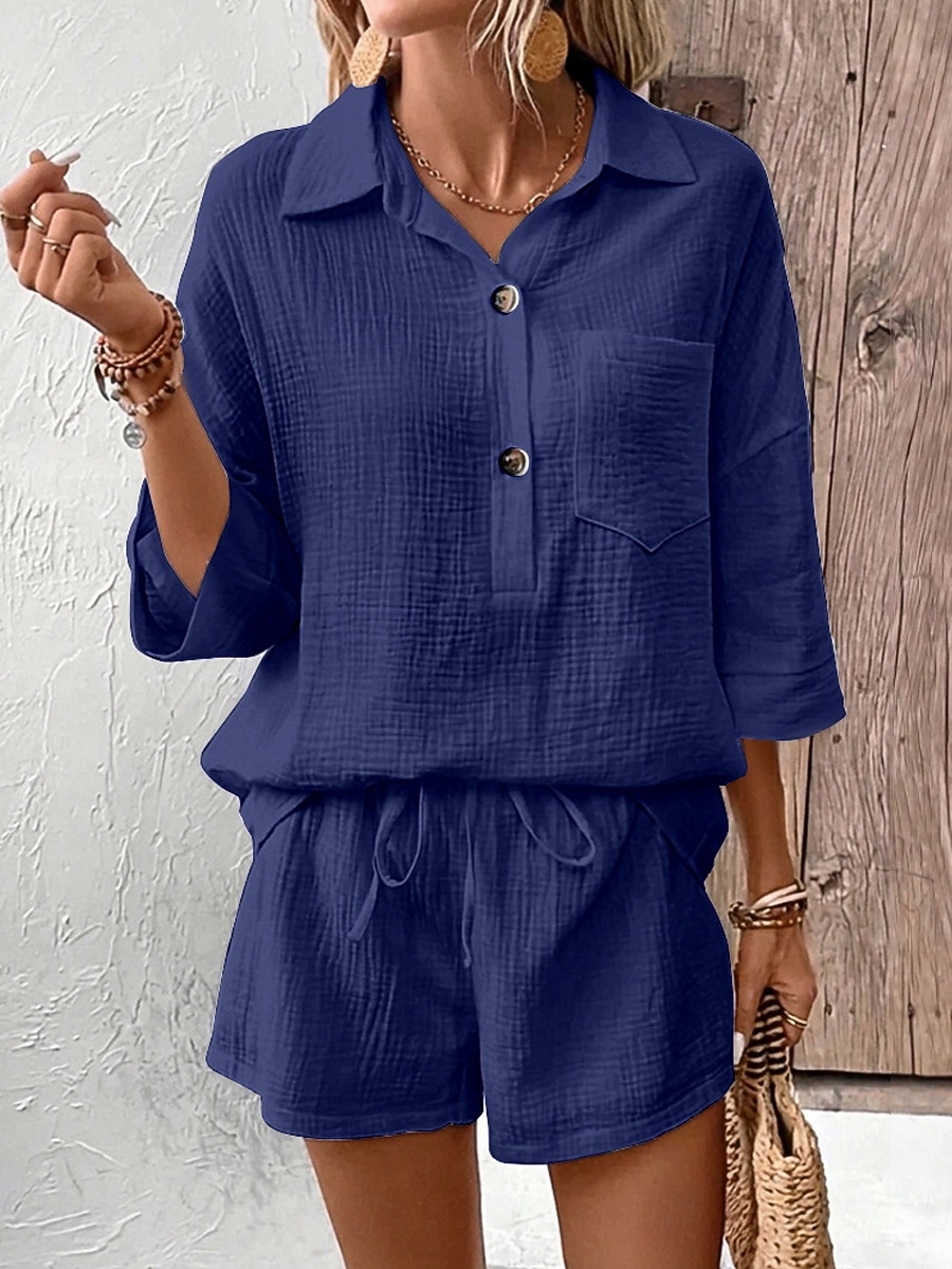 Damen Baumwoll-Leinen-Sets Shorts-Sets Dreiviertelarm Hemdkragen Einfach Mode Lässig Täglich Outdoor Schwarz Weiß Dunkelmarine Sommer Normale Passform 2026 - $41.99 –P5