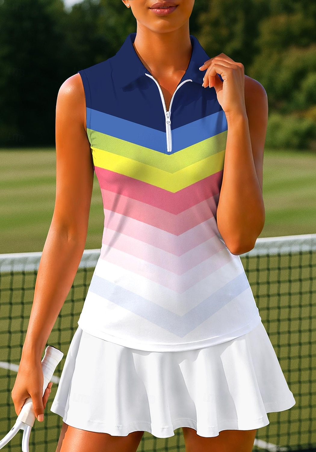 2026年 女性用 幾何学模様 縞柄 トップス スポーツシャツ ポロシャツ テニスシャツ ノースリーブ ジッパー 花柄 UPF50+ UV耐性 高弾性 吸汗性 高通気性 テニス ゴルフ ピクルスボール 折襟 Ｖネック スカート シャツ 青と白 ブルー パープル テニスウェア  コレクション – $20.99 –P4
