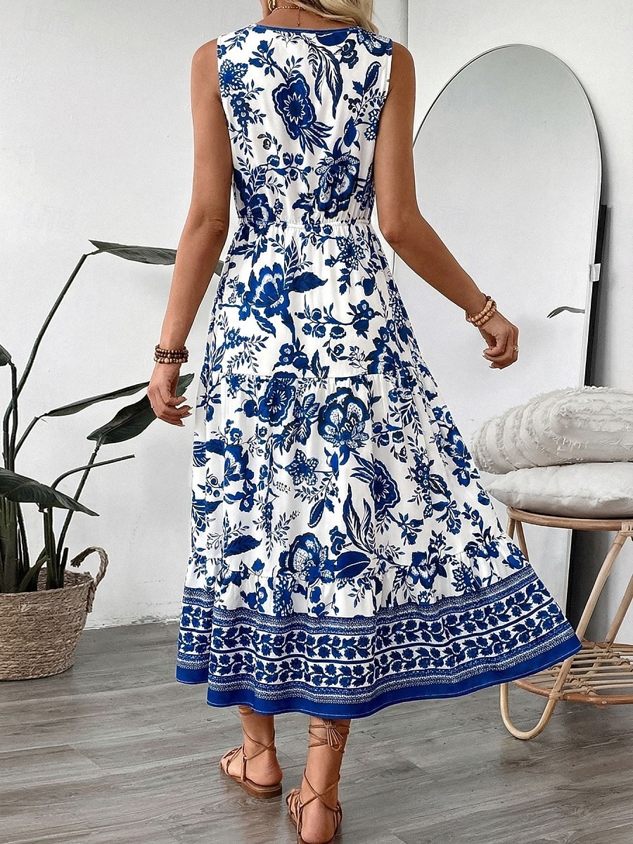 Dames Maxi-jurk A lijn jurk Slipdress Vakantie Casual Buiten Uitgaan Standaard pasvorm Bloemig Mouwloos V-hals blauw Zomer Lente 2026 - $41.99 –P6
