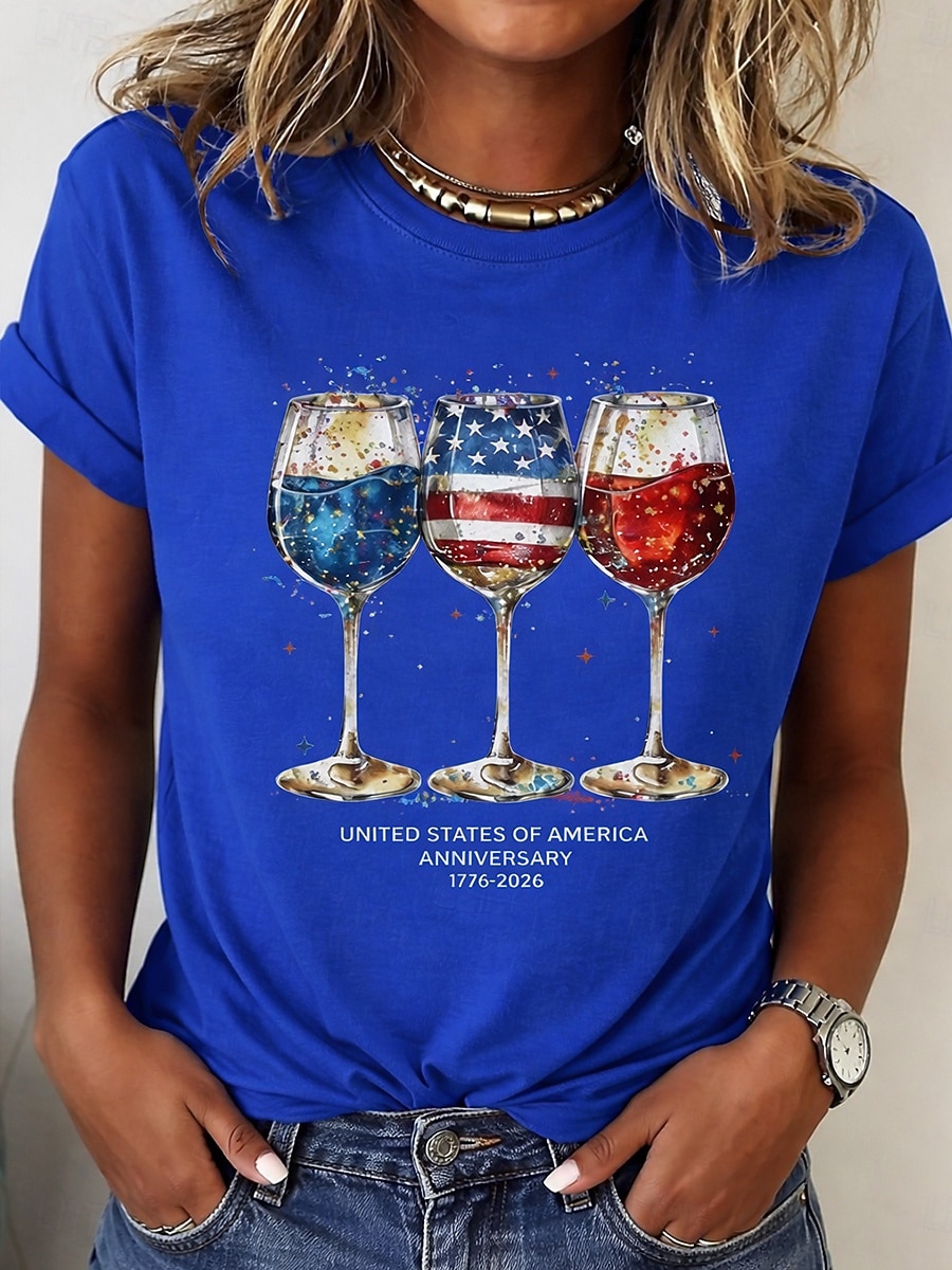 día de la independencia americana Mujer Camiseta Estampado Graphic Bandera Copa de vino Elegante Clásico Casual Manga Corta Cuello Barco Tops regulares Diario Azul Piscina Blanco Amarillo Rojo Negro 2026 - $7.99 –P7