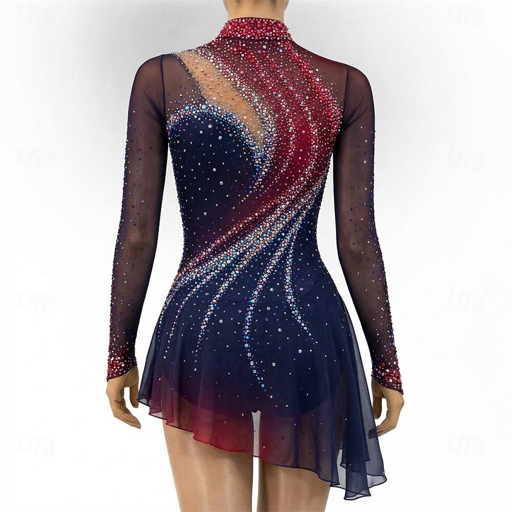 Figure Skating Dress Women's Ice Skating Dress Navy Patchwork Open Back Stretchy High Elasticity Training Competition Skating Wear Classic Crystal / Rhinestone Long Sleeve Ice Skating Figure Skating 2026 - $281.49 –P2