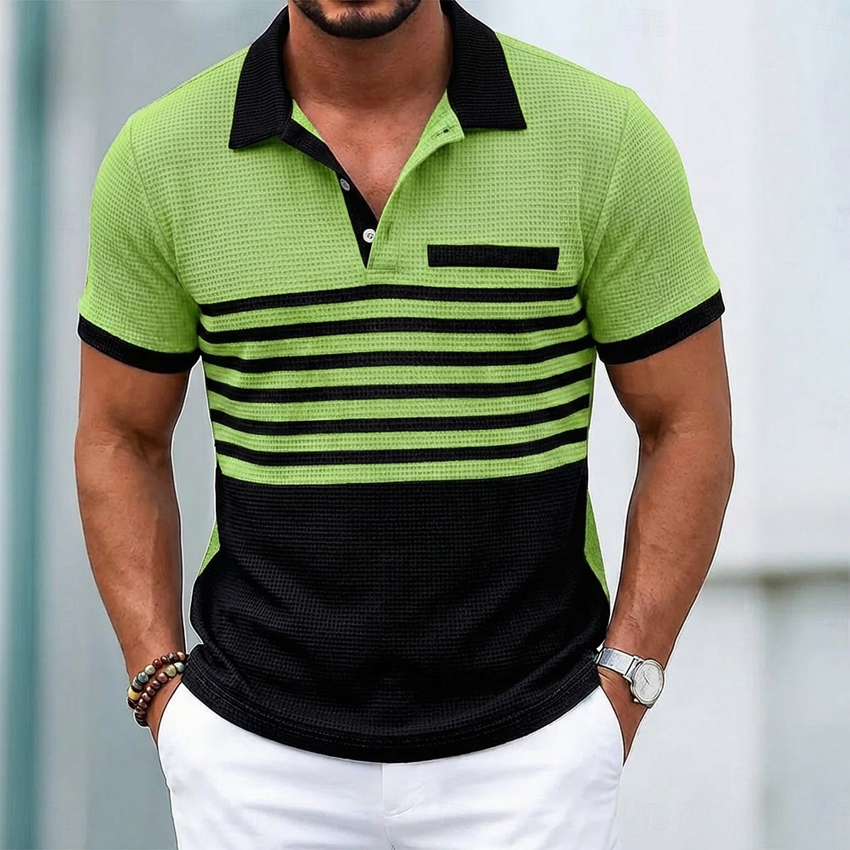 Voor heren Golfshirt Wafelgebreid poloshirt Casual liiketoiminta Klassiek Korte mouw Modieus Modern Effen Kleur Gestreept Knop Zomer Lente Normale pasvorm Wit Koningsblauw Groen Khaki Grijs Golfshirt 2026 - $20.99 –P6