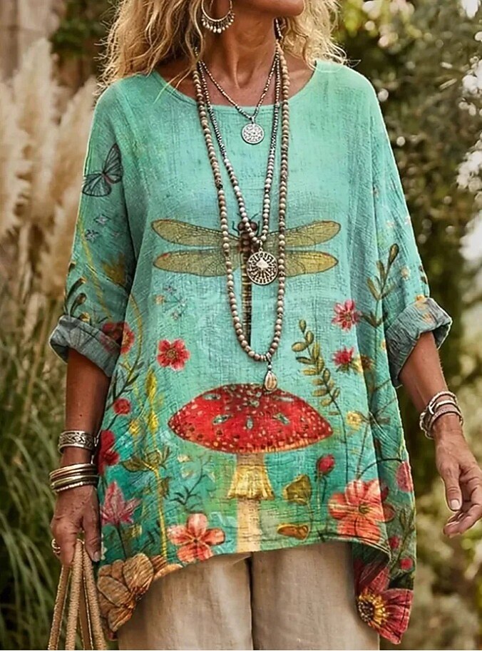 Damen Bluse Druck Blumen Grafik Bohemien Täglich Ethnisch Dreiviertelarm Rundhalsausschnitt U-Boot-Ausschnitt Lange Oberteile Täglich Ferien Urlaubskleidung Grün Sommer Frühling 2026 - $31.99 –P1