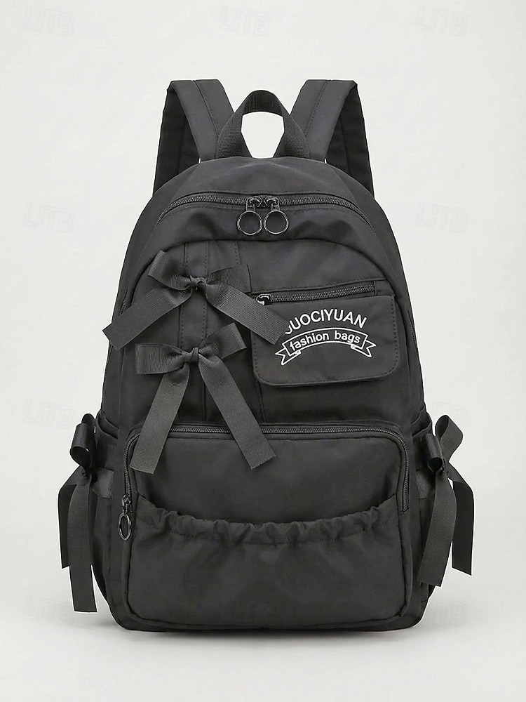 Mochila feminina de poliéster com laço decorativo, várias cores, grande capacidade com vários bolsos, alças ajustáveis, perfeita para o ensino fundamental. &volta às aulas no ensino fundamental, de 2026 por $24.99 –P12