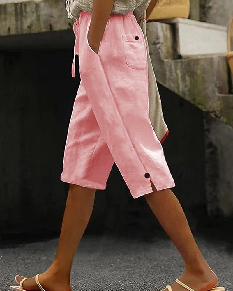 2026年 女性用 コットンリネンショートパンツ カプリパンツ スラックス サマーショーツ カジュアル ふくらはぎ丈 ナチュラルウエスト 平織り ポケット 弾性巾着デザイン 快適 屋外 アウトドア お出かけ ライトピンク オレンジレッド ホワイト ピンク 夏 レギュラー  コレクション – $24.99 –P5