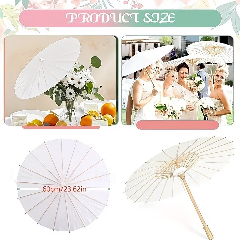 Set van 3 witte papieren paraplu's van 60 cm (23,62 inch), klassieke stijl met houten handvat, handmatig te openen, UV-bescherming, ideaal voor bruiloften, fotografie, cosplay en feesten. 2026 - $25.99 –P2