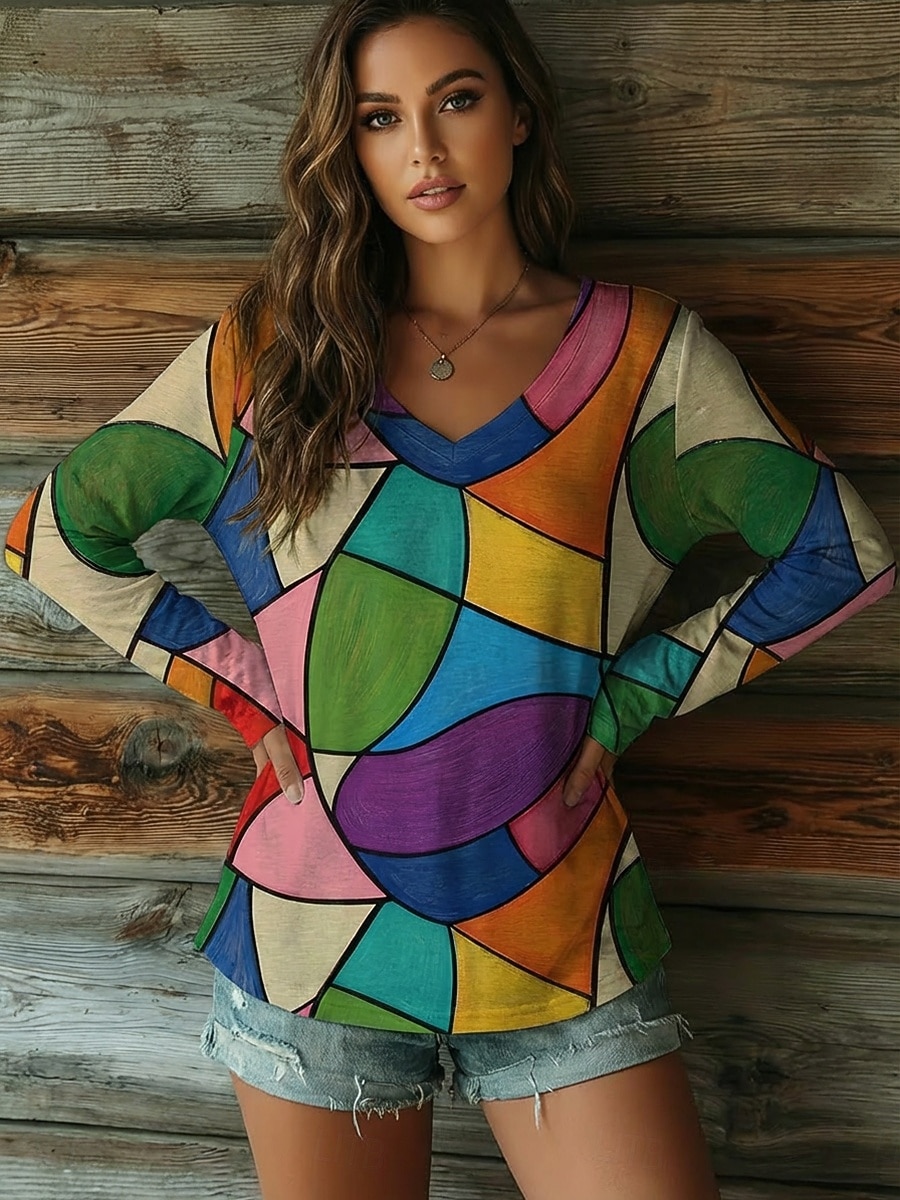 Mulheres Camiseta Imprimir Gráfico Geométrica Bloco de cor à moda Casual Manga Longa Decote V Tops regulares Diário Arco-íris Primavera Outono de 2026 por $16.49 –P2