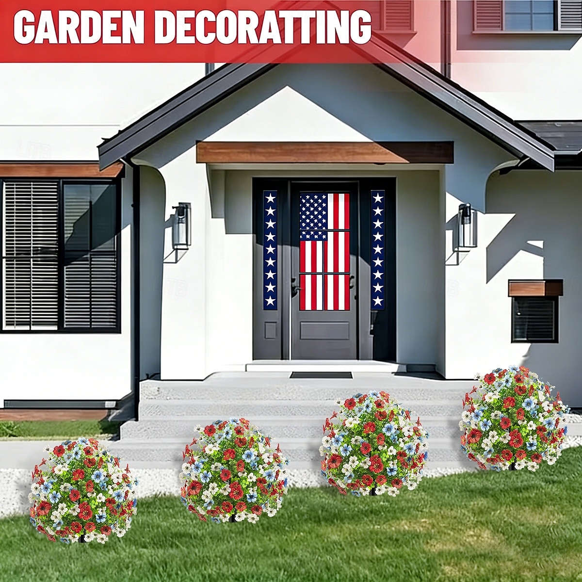 22palcová vlastenecká umělá květinová topiary s kolíkem, dekorace ke Dni památky USA na 4. července, 250. výročí, červená, bílá, modrá, umělá květinová koule, UV odolná &vodotěsný, vnitřní, venkovní, 2026 - $25.99 –P6