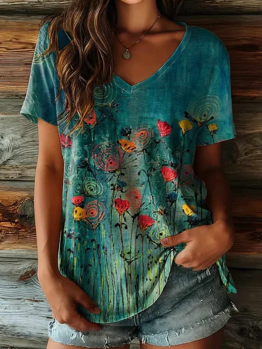 Per donna Maglietta Stampato Floreale Grafico Piante Vintage Moda Hawaiano Manica Corta Scollo a V Top Regolari Quotidiano Uscire Weekend Blu Viola chiaro Marrone Verde Estate Primavera del 2026 a $21.99 –P3