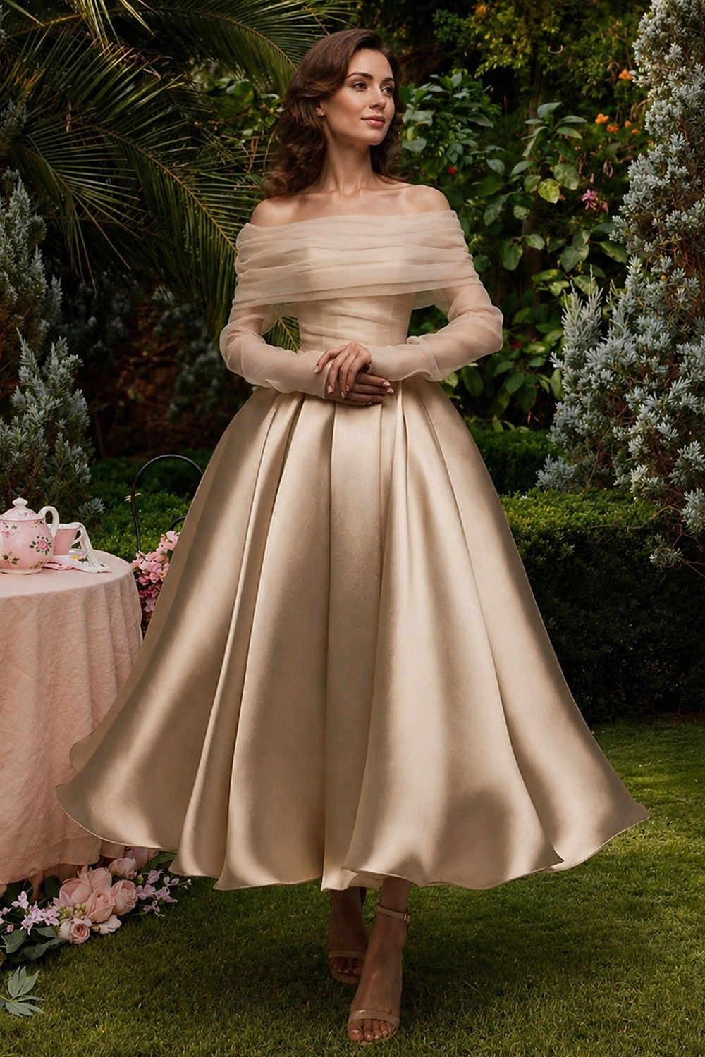 Ballkleid A-Linie Knöchellänge Cocktailkleider Partykleider Elegant Vintage Langarm Schulterfrei Hochzeit Formell Abnehmbar Satin mit Schal 2026 - $149.99 –P1