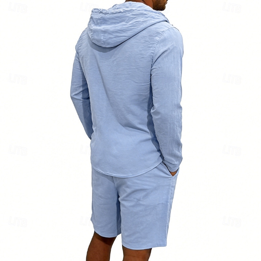 Herre Linskjorte 2 deler Popover skjorte Og Shorts Lin Shorts Strandshorts Sett عادي Daglig utendørs Feriereise Med hette Langermet Sommer Mote Fritid Bekvem Klær 2026 - $36.99 –P3