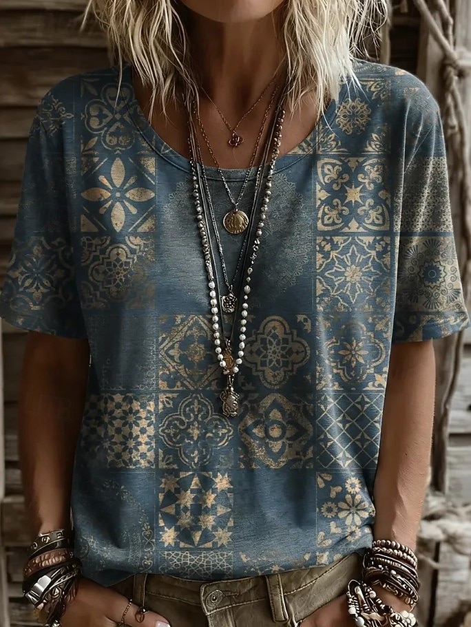 Damen T Shirt Druck Blumen Grafik Geometrisch Vintage Stilvoll Lässig Kurzarm Rundhalsausschnitt Normale Oberteile Lässig Täglich Wochenende Schwarz Rosa Staubiges Blau Braun Sommer Frühling 2026 - $21.99 –P1