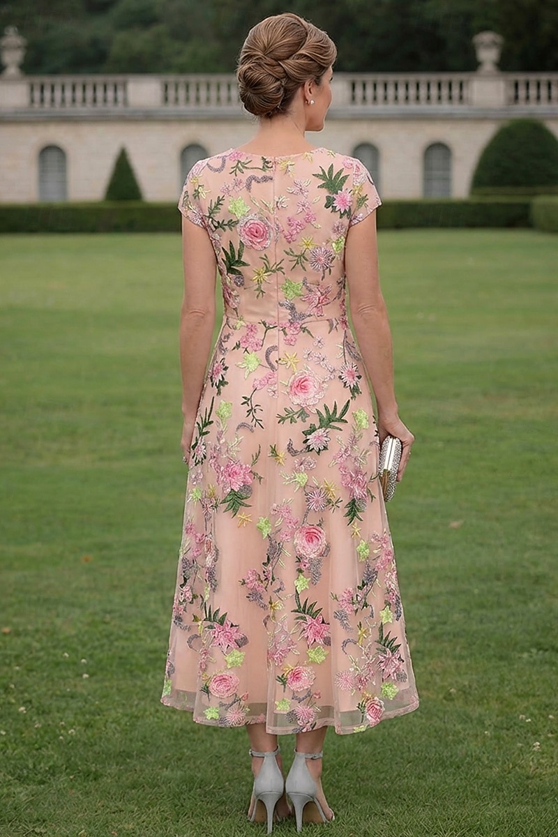 Linia -A Rochii Lungime Gleznă Lungimea ceaiului Rochie pentru invitata de nunta Rochie Mama Miresei Manșon scurt Stil Nautic În V Elegant Pastel Oficial Invitat la nunta Semi formal Dantelă cu Flori 2026 - $182.99 –P3