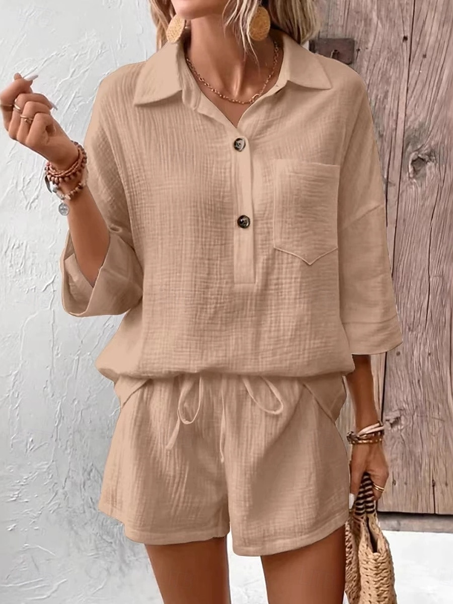 Damen Baumwoll-Leinen-Sets Shorts-Sets Dreiviertelarm Hemdkragen Einfach Mode Lässig Täglich Outdoor Schwarz Weiß Dunkelmarine Sommer Normale Passform 2026 - $41.99 –P3
