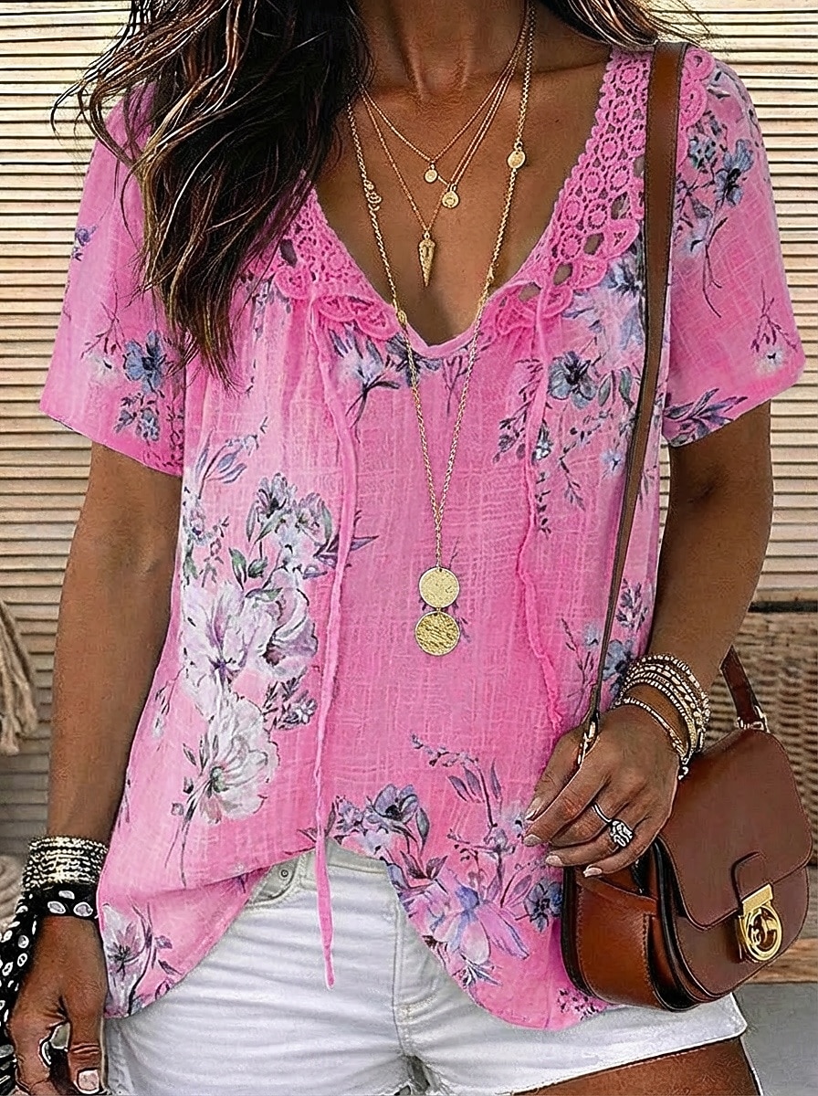 Per donna Blusa Top in chiffon Top in pizzo Pizzo Floreale Elegante Moderno Manica Corta Scollo a V Top lunghi Casuale Ferie Estate Blu Bianco Rosa Arancione Verde Estate Primavera del 2026 a $18.49 –P2