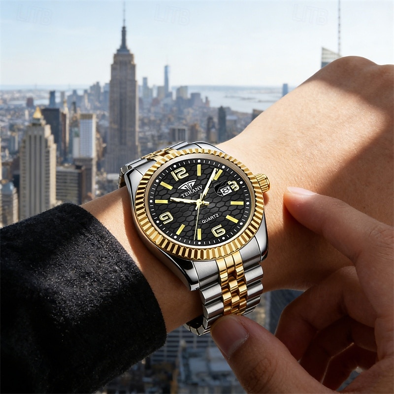 Montre homme de luxe, cadran noir nid d'abeille, mouvement quartz bicolore or et argent en acier inoxydable, lunette cannelée, montre habillée avec date, bijou élégant à offrir. de 2026 ? $21.99 –P15