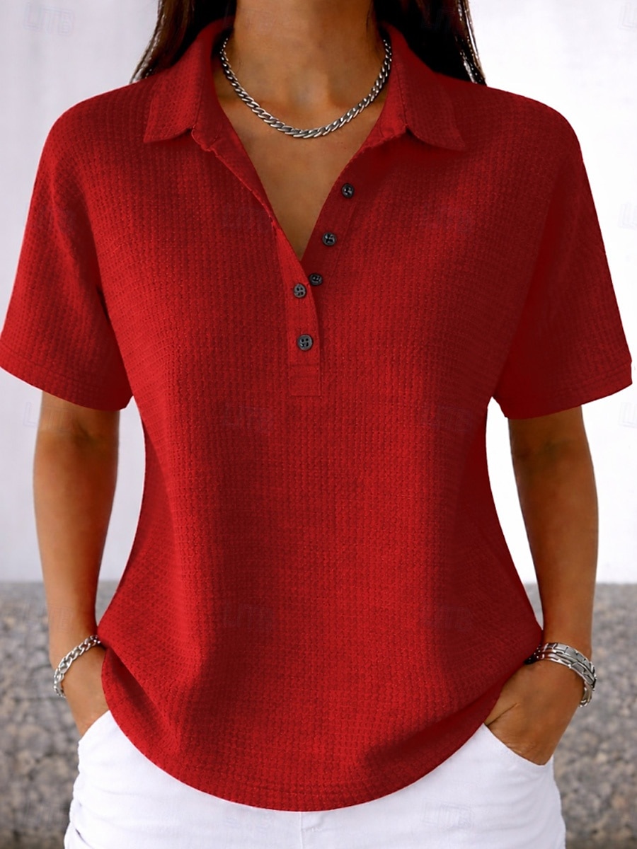 Tunică pentru femei cu vafe cu nasturi culoare solidă simplă vintage stil elegant clasic maneci scurte guler rabatabil tops regulare zilnic alb roz albastru deschis vară primăvară 2026 - $27.99 –P9