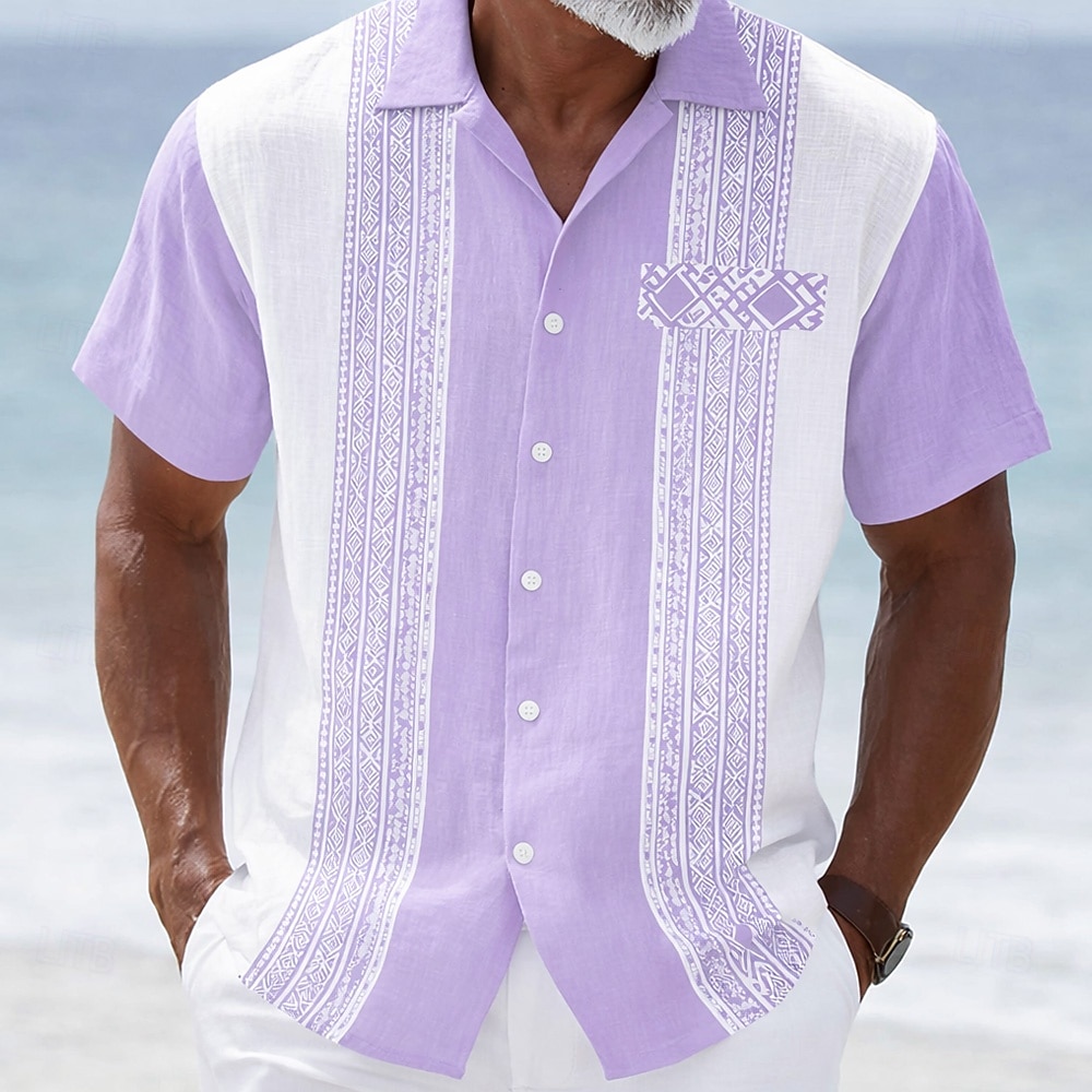 Men's Geometric Striped Ethnic Shirt Guayabera Shirt Button Up Shirt Short Sleeve Vintage Retro Daily Outdoor Vacation Summer Spring Turndown 3D Print Linen Like Shirt Blue Pink Purple Green Khaki 2026 - $25.99 –P5