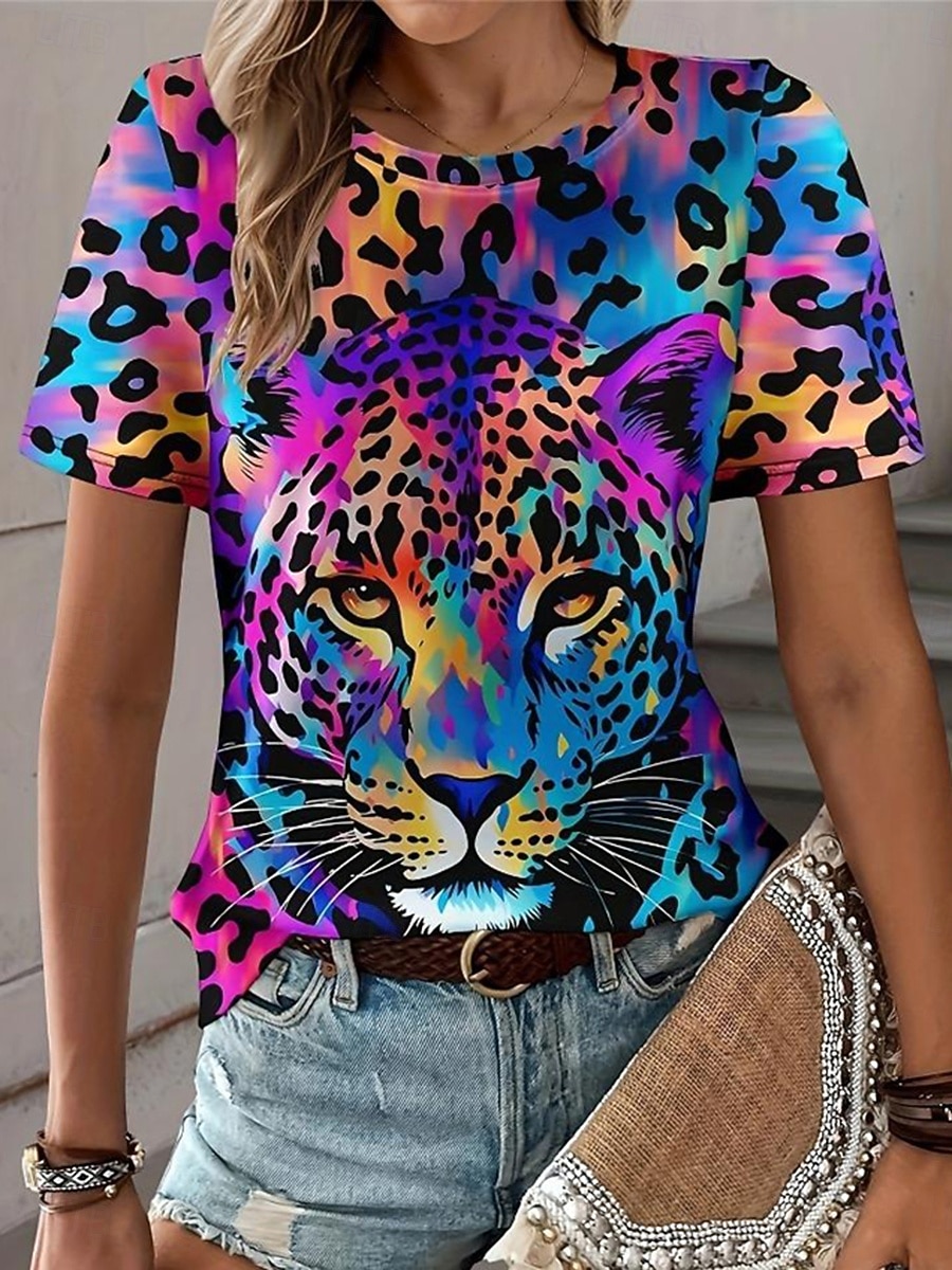 Femmes T-shirt Imprimé Graphique Léopard ancien Élégant Occasionnel Manche Courte Col ras du cou Col rond Hauts Réguliers Occasionnel Quotidien Noir Arc-en-ciel Été Printemps de 2026 ? $22.99 –P3