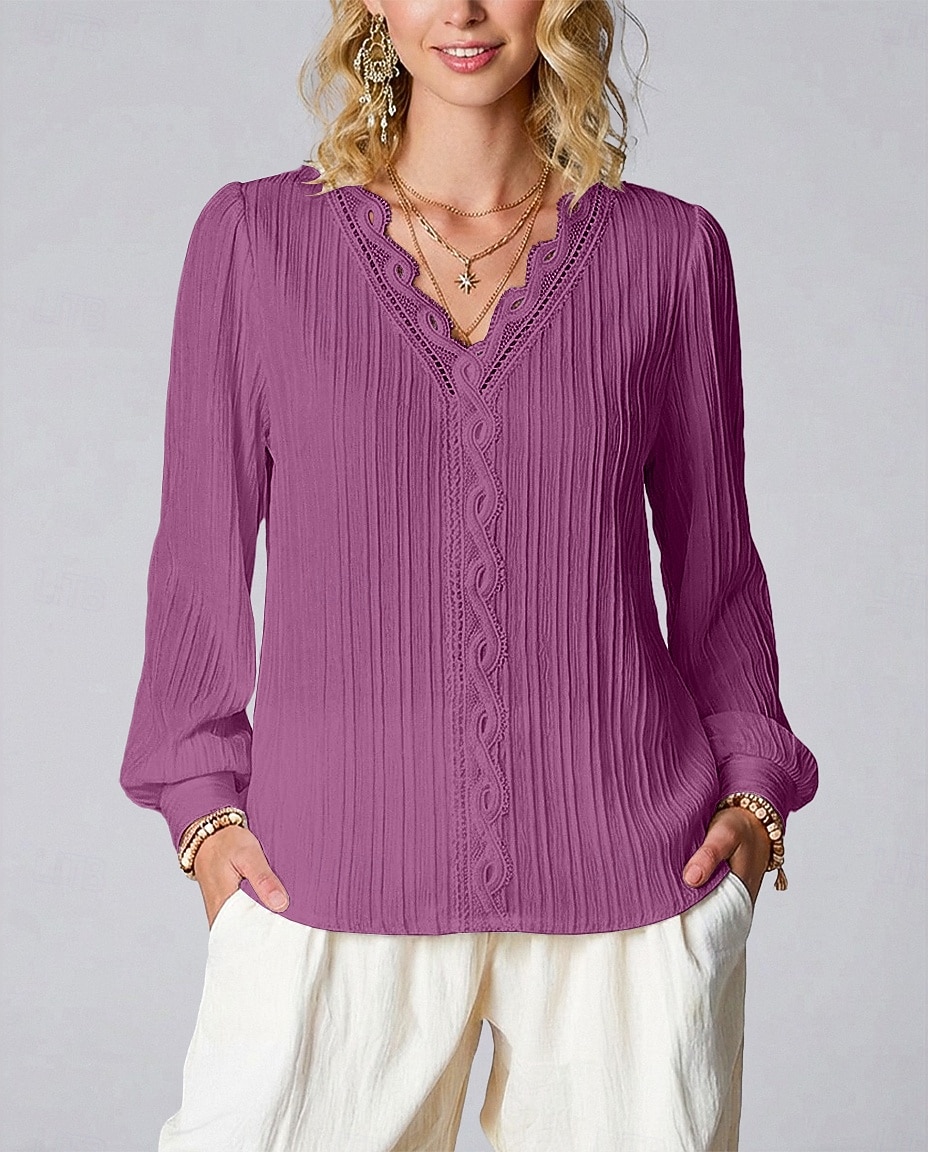 Women's Elegant T Shirt Lace Splicing Top Lace Patchwork Solid Color Elegant Stylish Basic Long Sleeve V Neck Regular Tops Daily Going out Weekend White Red Purple Orange Green Summer Spring Fall 2026 - $22.99 –P5