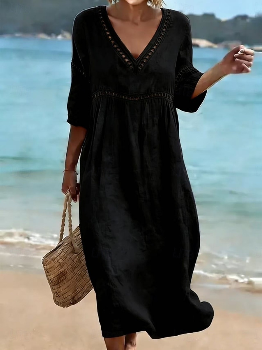 Per donna Abito Midi Abito a trapezio Casual All'aperto Spiaggia Uscire Vestibilità comoda Tinta unica Manica 3/4 Scollo a V Blu Nero Giallo Rosa Estate Primavera del 2026 a $13.49 –P7