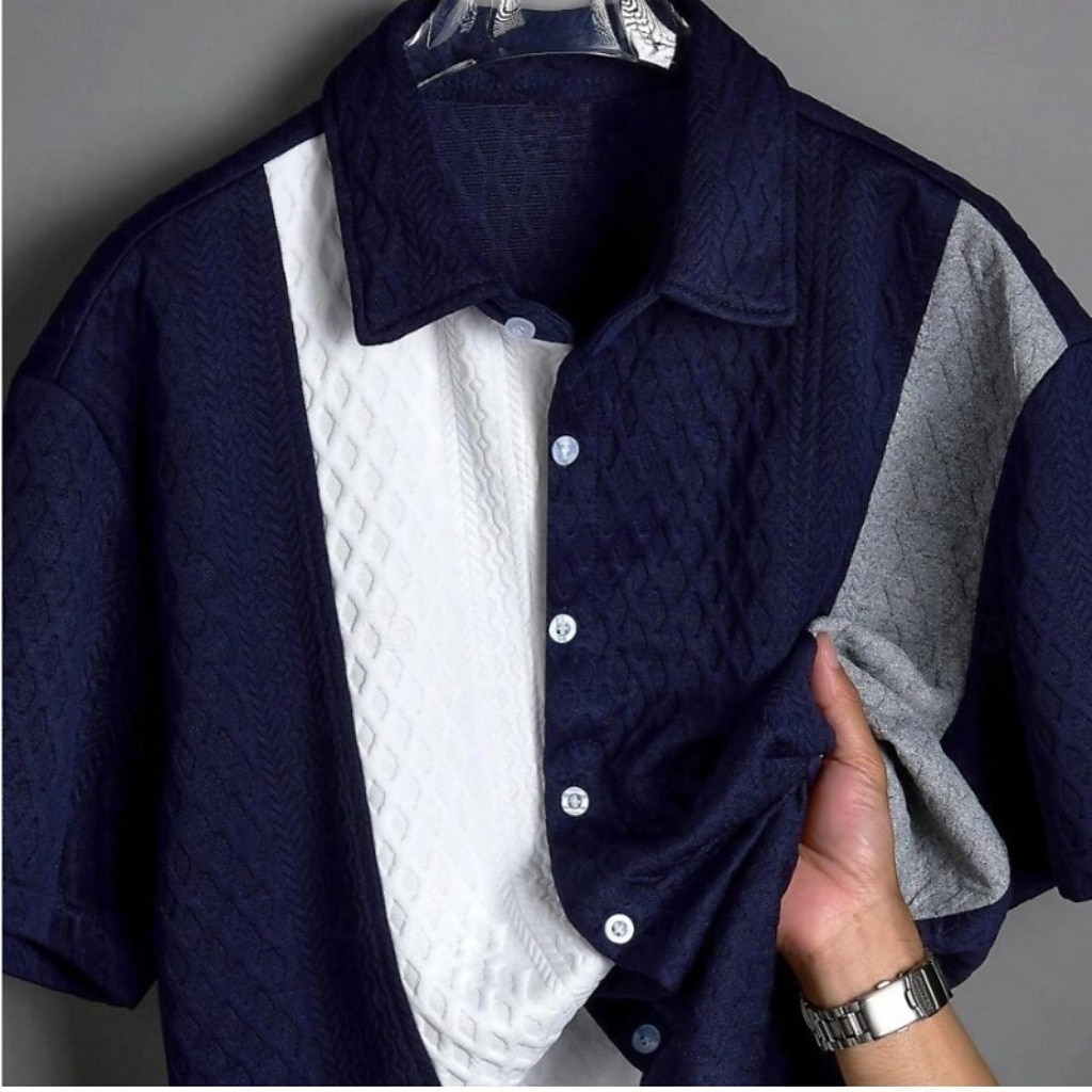 Men's Shirt Casual Shirt Button Up Shirt Jacquard Shirt Blue Black Pink Apricot Short Sleeve Color Block Shirt Collar Casual Daily Front Pocket Clothing Apparel Elegant Fashion Casual 2026 - $26.99 –P4