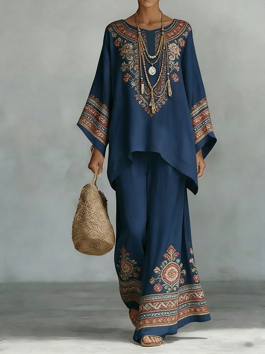 Women's Shirt Cotton Linen Sets Pants Sets Long Sleeve Bell Sleeve Round Neck Graphic Paisley Print Vacation Fashion Streetwear Casual Daily Outdoor White Navy Blue Summer Loose Fit 2026 - $57.99 –P1