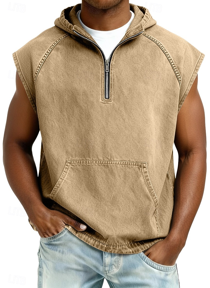 SoftFade™ Canotta da uomo top in denim camicia lavaggio acido maglietta senza maniche cappuccio zip estate primavera semplice base tinto in capo casual vacanza strada nero verde chiaro khaki top del 2026 a $31.99 –P5
