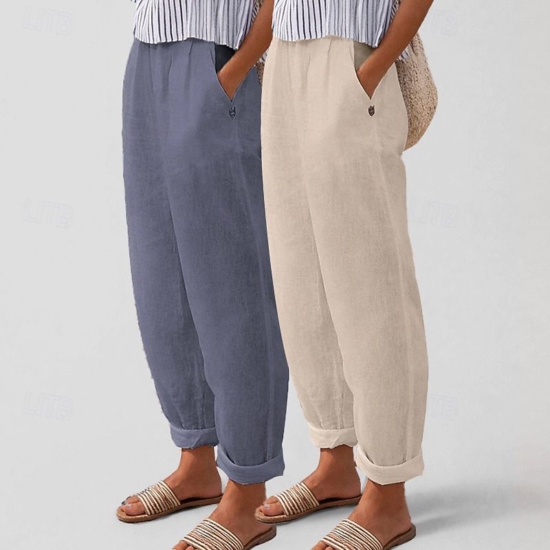 Πολυσυσκευασίες 2 τεμαχίων γυναικείο παντελόνι 100% βαμβάκι καλοκαιρινό παντελόνι casual παντελόνι διακοπών βασικό ψηλόμεσο απλό τσέπη άνεση μαλακό αναπνεύσιμο ανελαστικό casual καθημερινό αθλητικό λευκό+πράσινο λευκό+χακί 2026 - $31.99 –P6