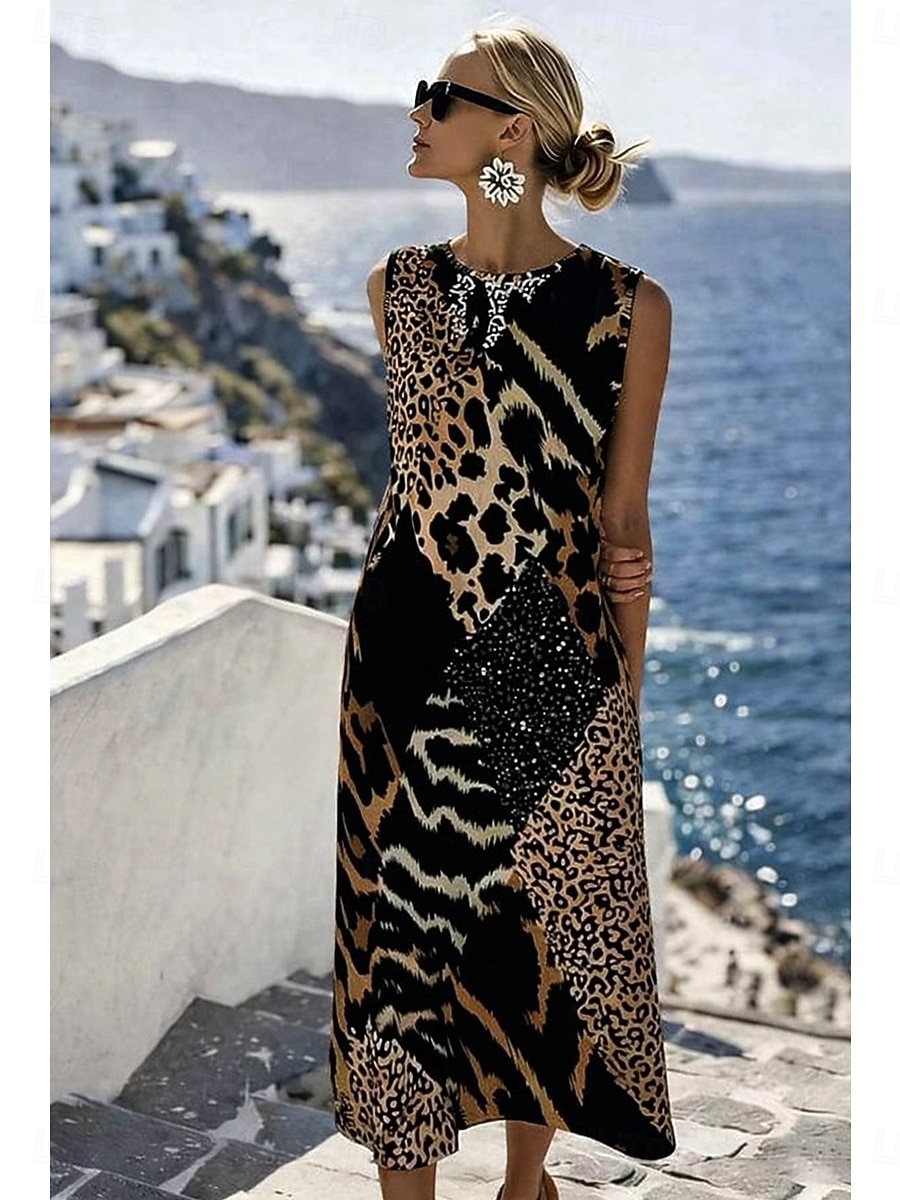 Pentru femei Rochii Midi Rochie de schimb Rochie de Vară Rochie A line Vacanță Casual Boho Plajă Ieșire Fit regulat Grafic Animal Geometric Fără manșon Crewneck Negru Vară Primăvară 2026 - $37.99 –P2