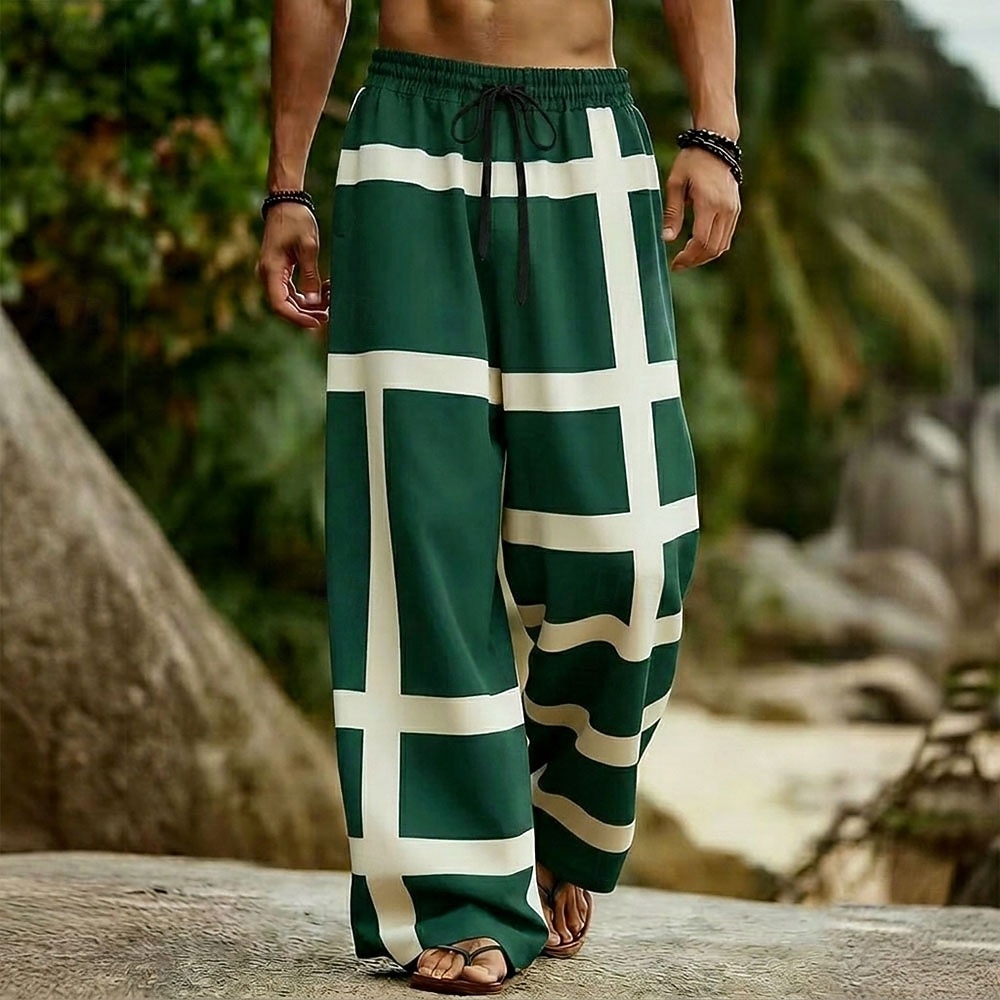Men's Geometric Color-blocking Trousers Casual Pants Baggy Pants Mid Waist Boho Home Outdoor Vacation Elastic Drawstring Waist Linen-Like Pants with Pockets Summer Spring 3D Print Black Red Green 2026 - $27.99 –P1